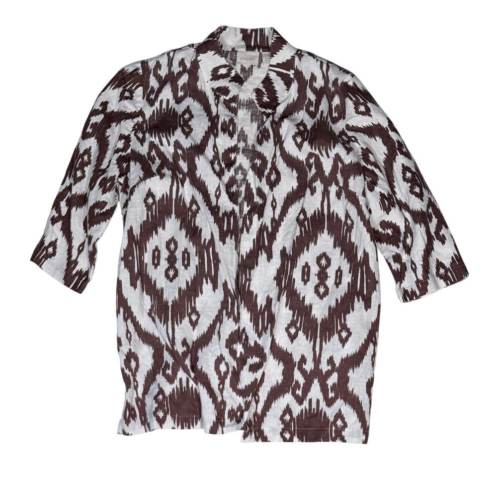 Chico's 100% Linen Open Front Jacket Size 3 XL Brown White Ikat Print Topper